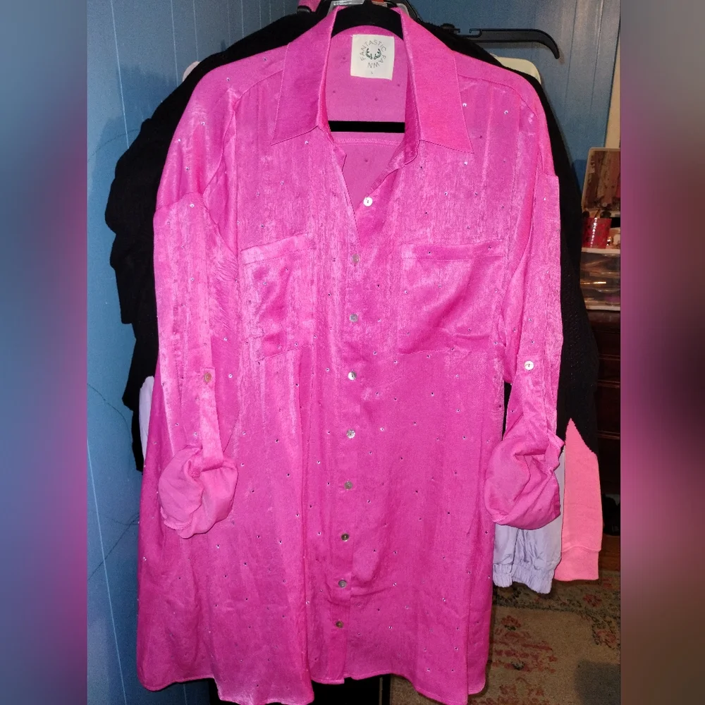 Rhinestone Pink Satin Shirt Dress - Picture 3 of 4